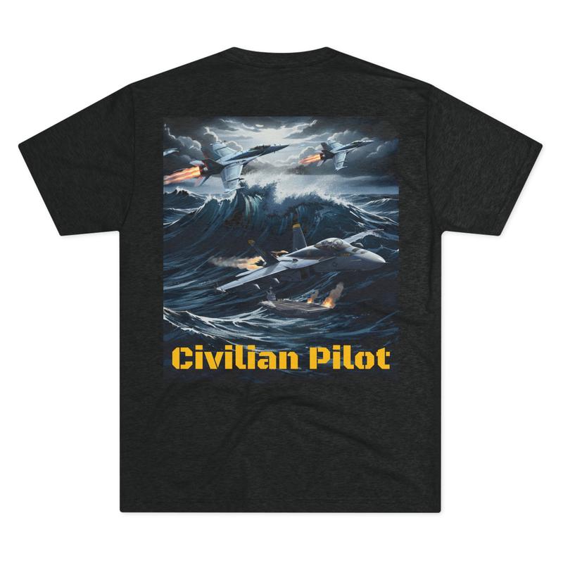 Civilian Pilot Graphic Tee  Golden Apple Chest Logo & Jet Fighters Back Print